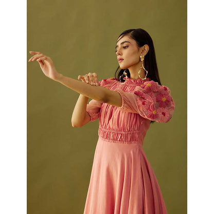 CHANDRIMA Old Rose Ruched Cutwork Dress