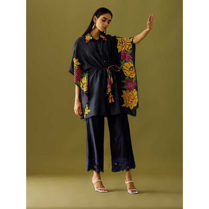 CHANDRIMA Indigo Applique And Beadwork Kaftan Shirt