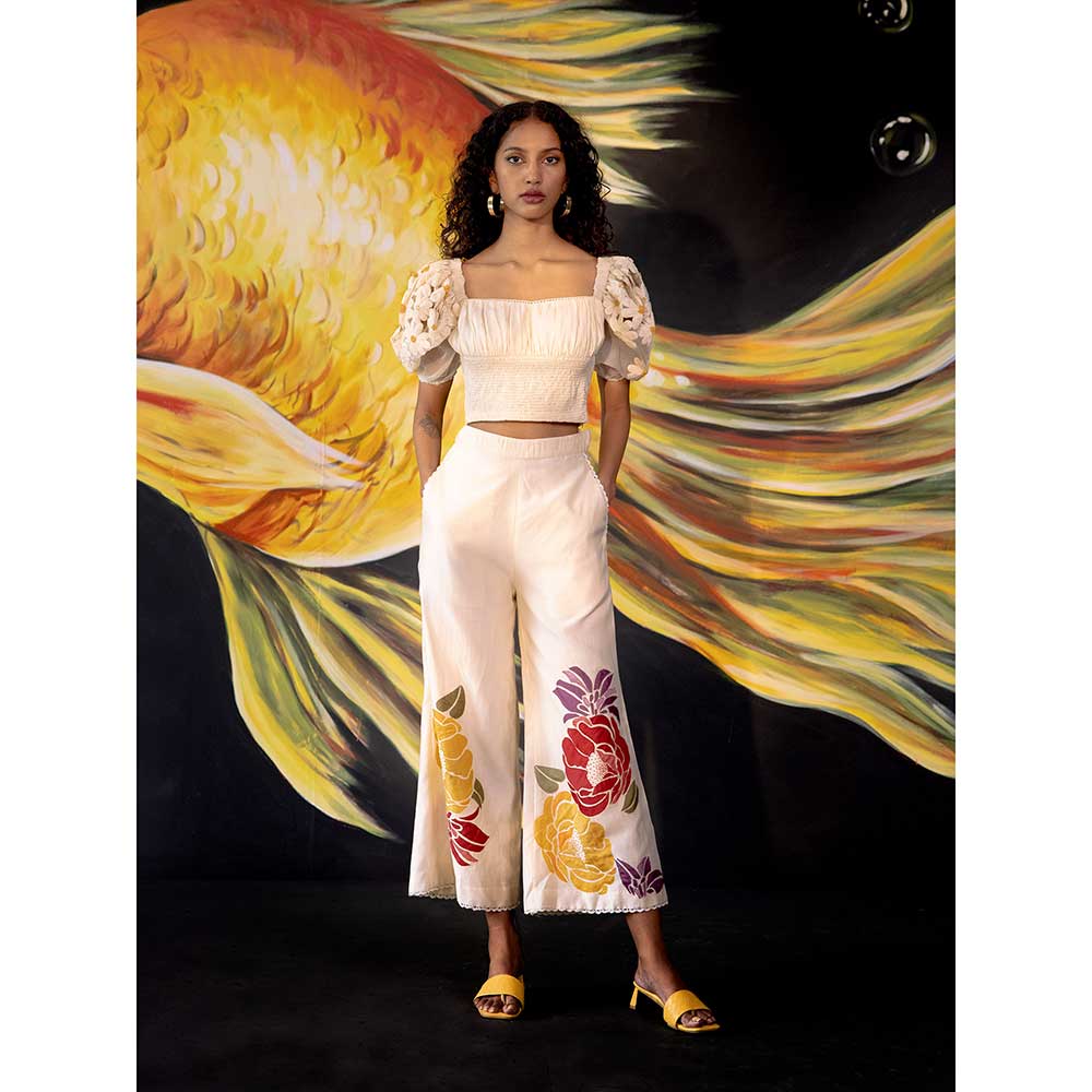 CHANDRIMA Ivory Floral Applique Pants