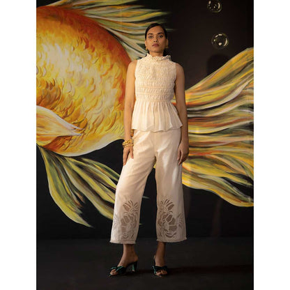 CHANDRIMA Ivory Chanderi Applique Pants