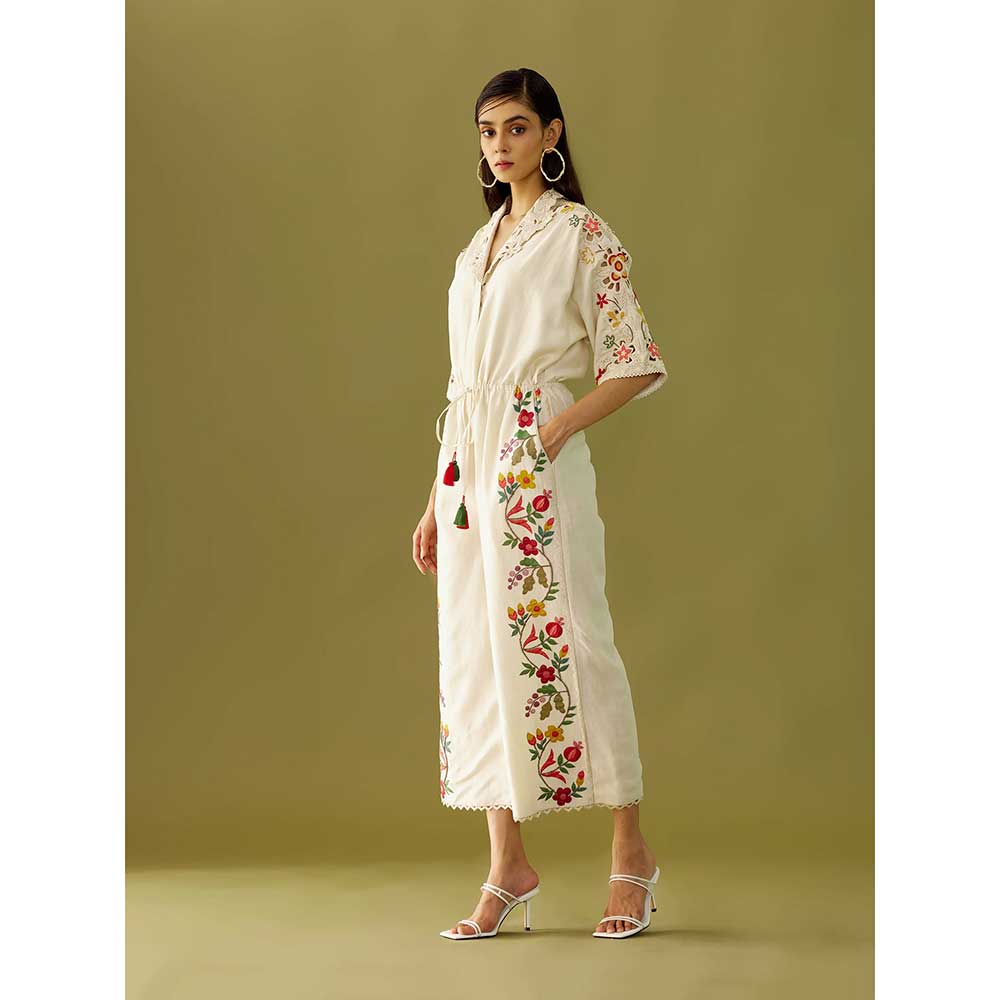 CHANDRIMA Ivory Applique And Beadwork Jumpsuit