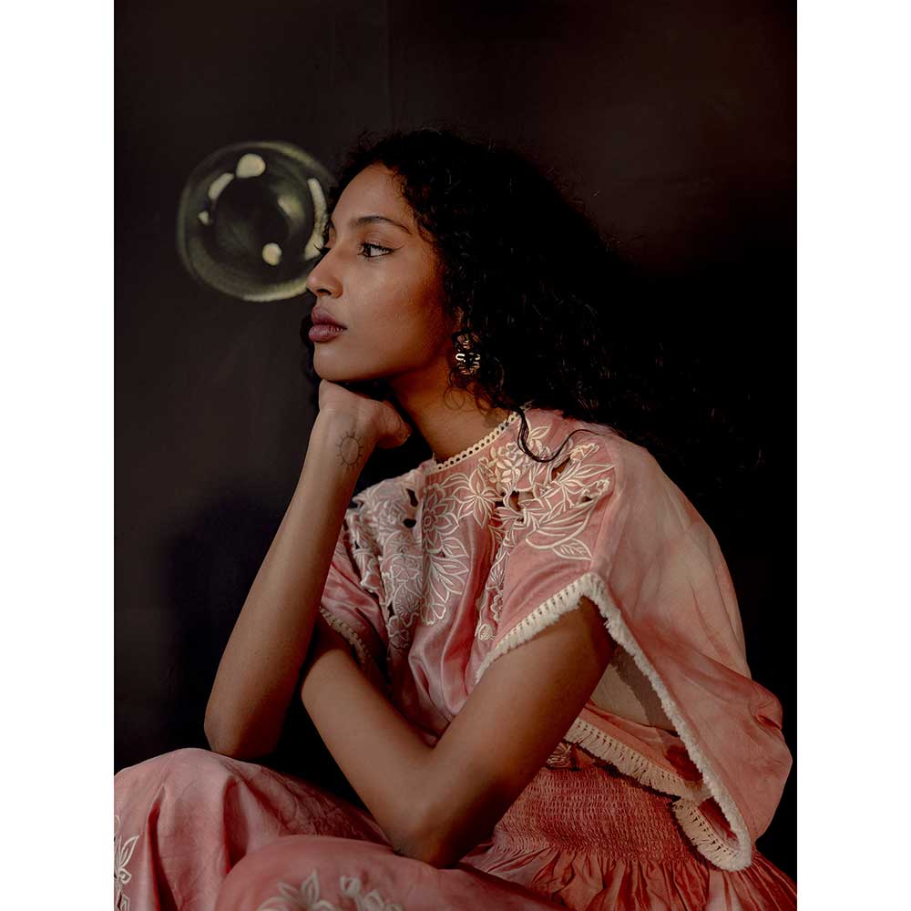 CHANDRIMA Old Rose Tie-Dye Cutwork Top