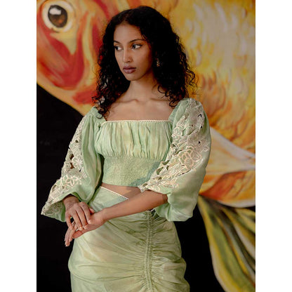 CHANDRIMA Sage Green Tie-Dye Ruched Top