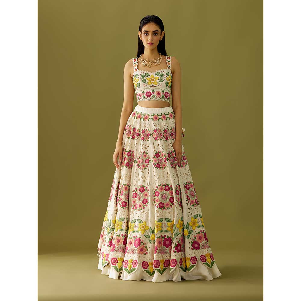 CHANDRIMA Ivory Floral Applique Crop Top