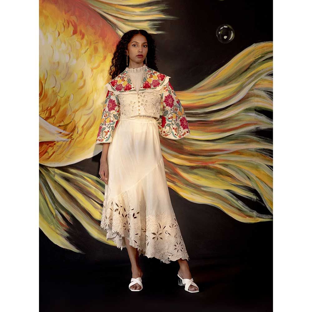 CHANDRIMA Ivory Cutwork Bolero Jacket with Bell Sleeves