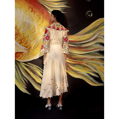 CHANDRIMA Ivory Cutwork Bolero Jacket with Bell Sleeves
