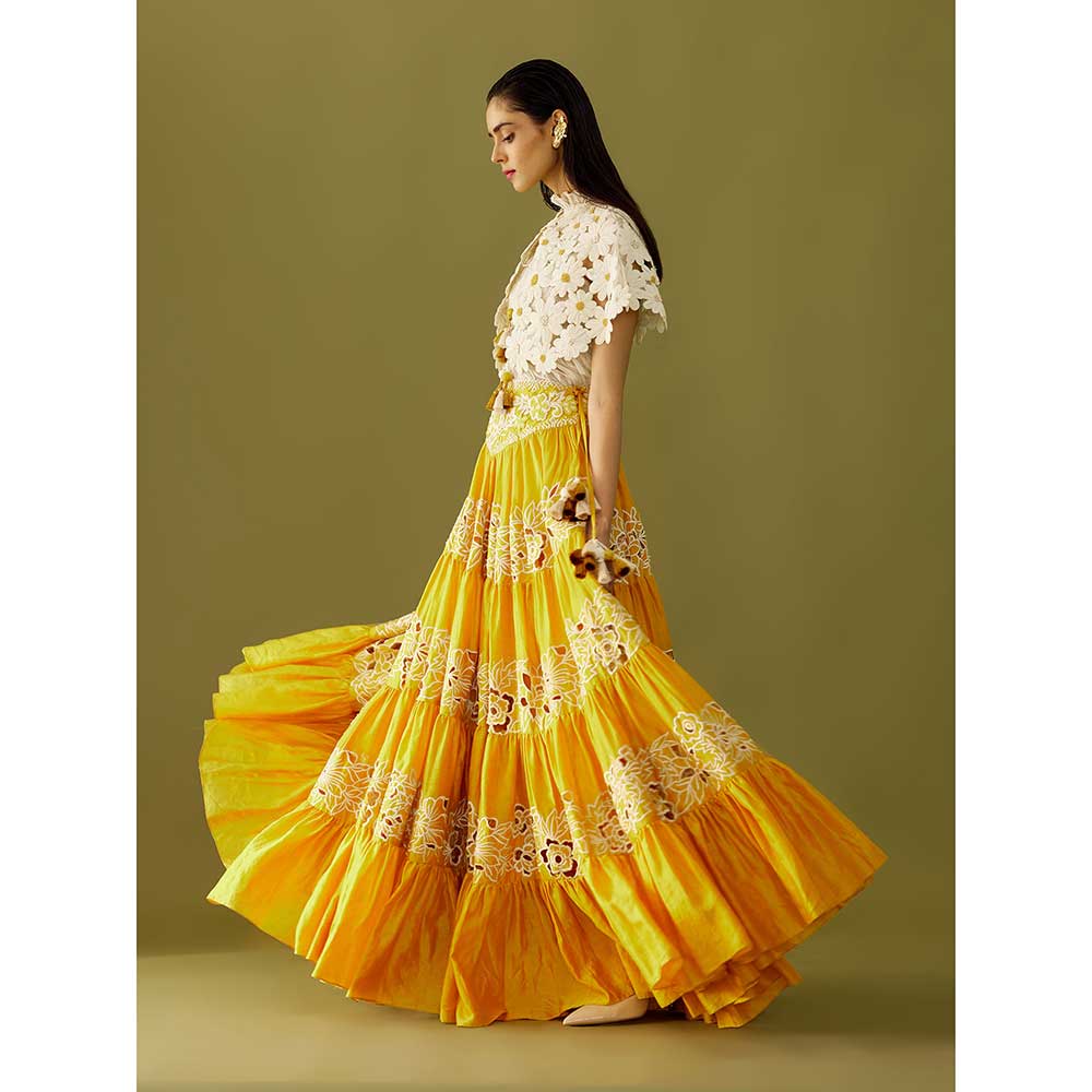 CHANDRIMA Yellow Cutwork and Yoke Detail Skirt