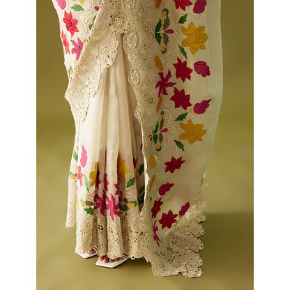 CHANDRIMA Ivory Cutwork and Applique Organza Saree with Stitched Blouse (Set of 2)