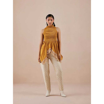CHANDRIMA Yellow Printed Smocked Cutwork Top