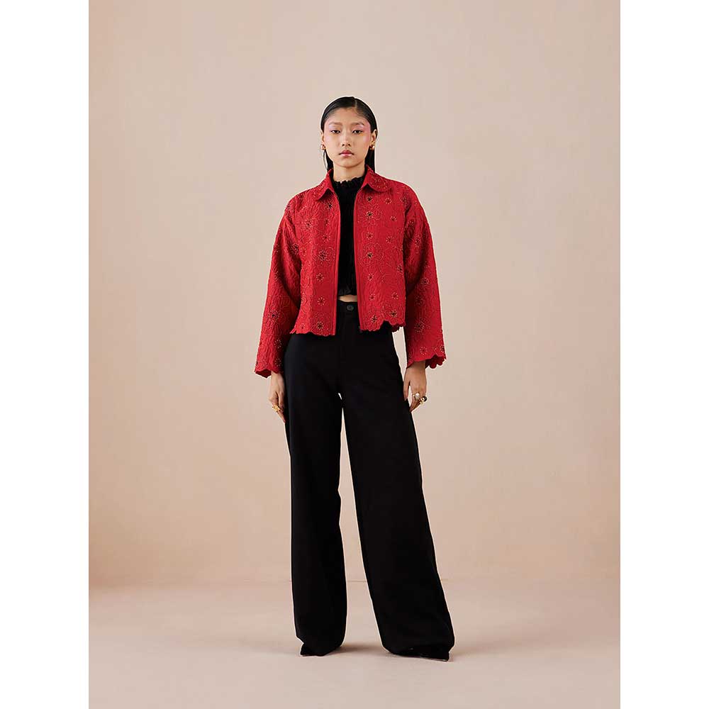 CHANDRIMA Red Poppy Quilted Drop Shoulder Jacket