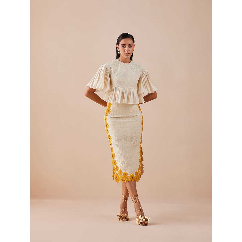 CHANDRIMA Ivory Quilted Sunflower Midi Skirt
