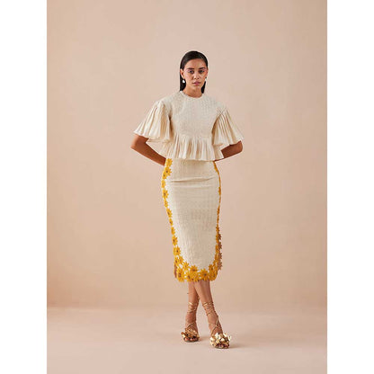 CHANDRIMA Ivory Quilted Sunflower Midi Skirt