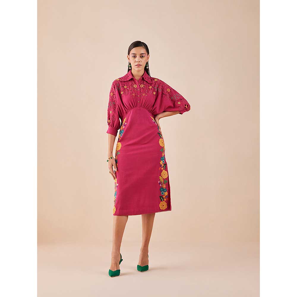 CHANDRIMA Fuchsia Applique And Beadwork Kimono Dress