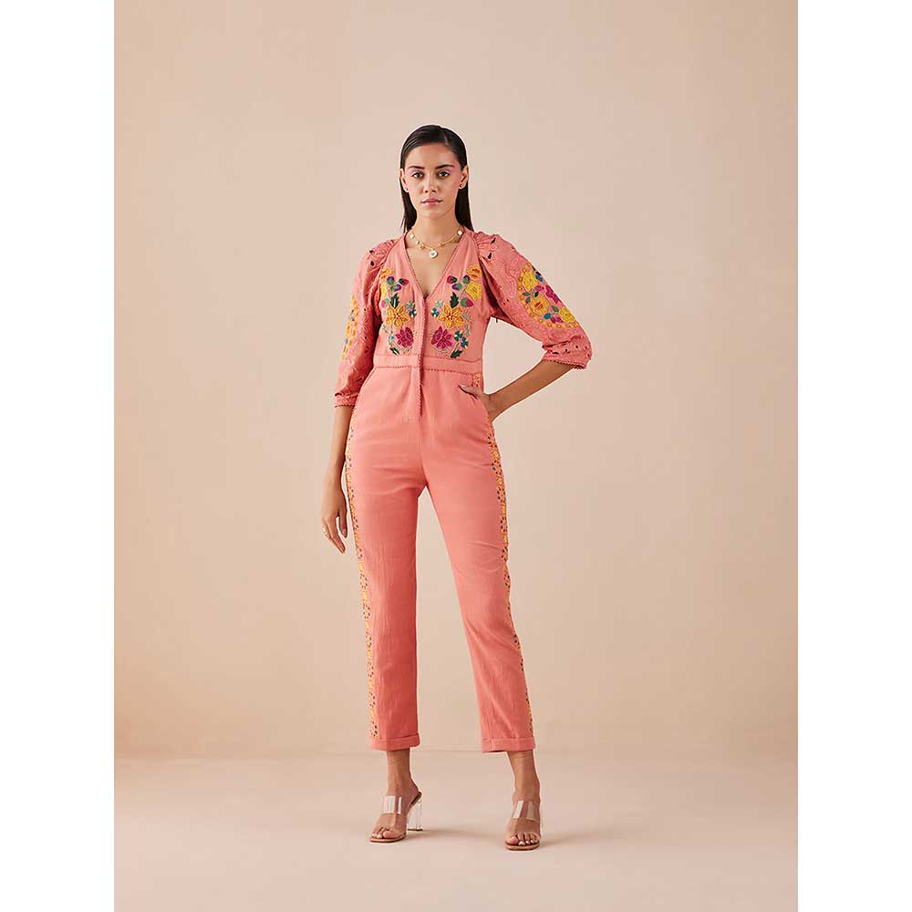 CHANDRIMA Blush Floral Applique And Cutwork Jumpsuit