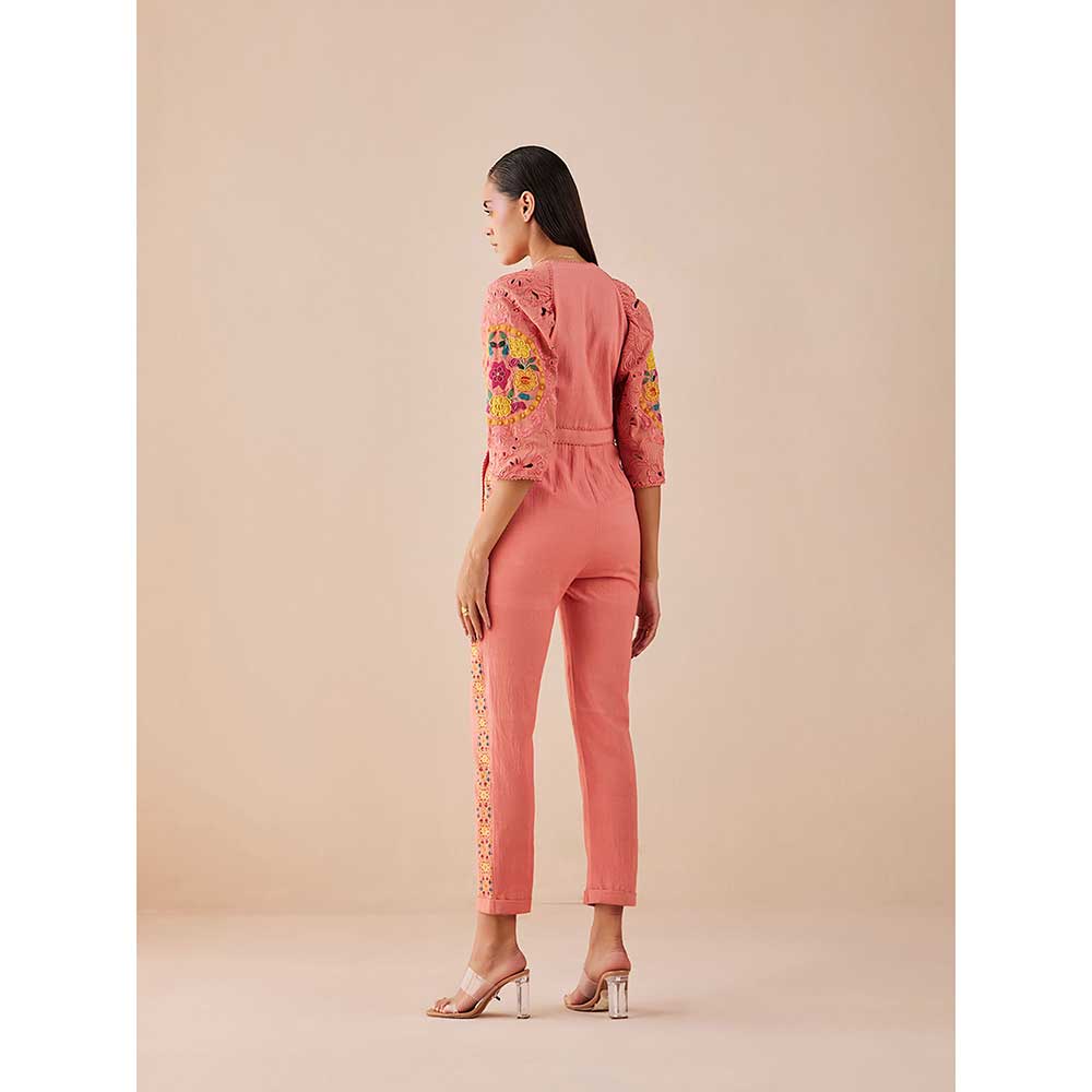 CHANDRIMA Blush Floral Applique And Cutwork Jumpsuit