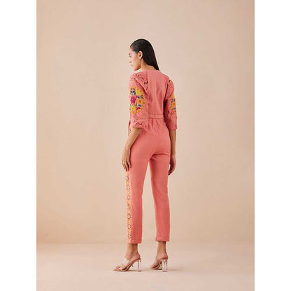 CHANDRIMA Blush Floral Applique And Cutwork Jumpsuit
