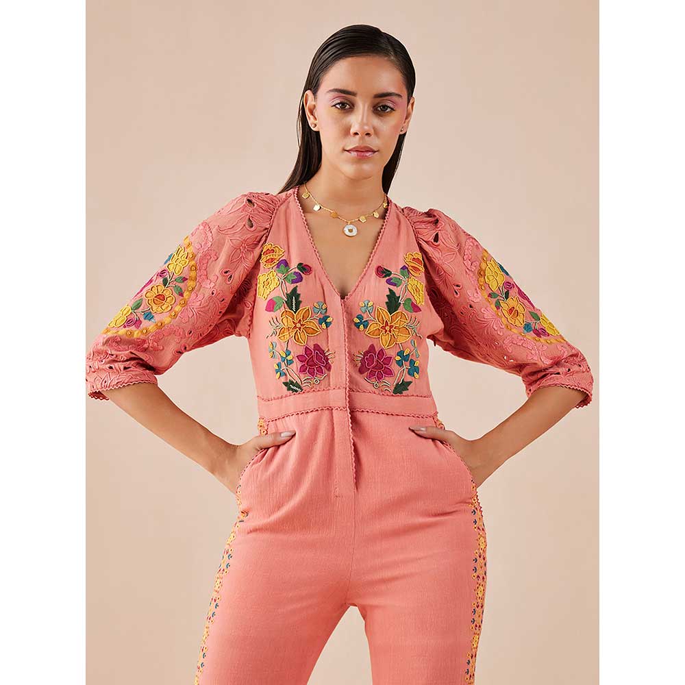 CHANDRIMA Blush Floral Applique And Cutwork Jumpsuit
