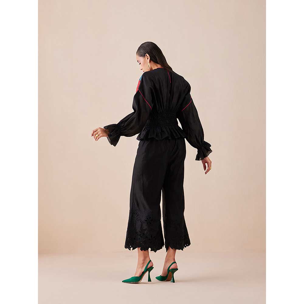 CHANDRIMA Black Waist Ruched Applique Top