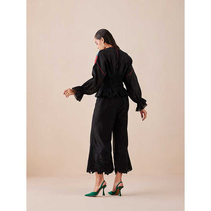 CHANDRIMA Black Waist Ruched Applique Top