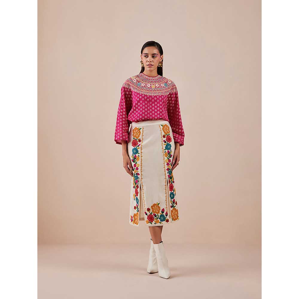 CHANDRIMA Fuchsia Yoke Detail Printed Top