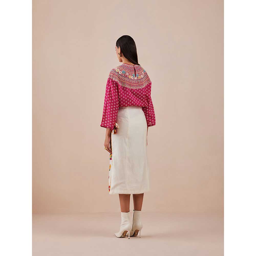 CHANDRIMA Fuchsia Yoke Detail Printed Top