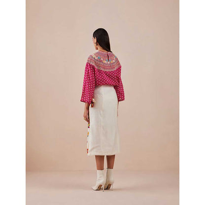 CHANDRIMA Fuchsia Yoke Detail Printed Top