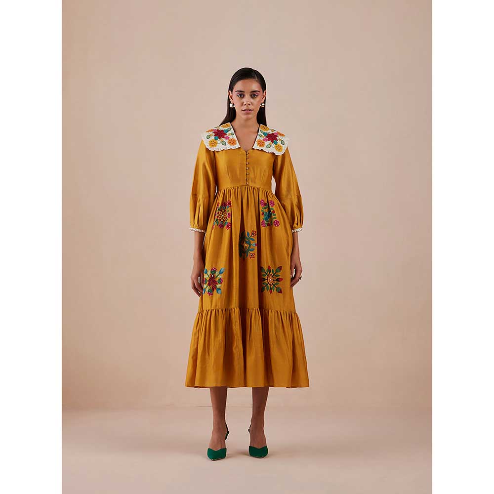CHANDRIMA Yellow Applique Midi Dress