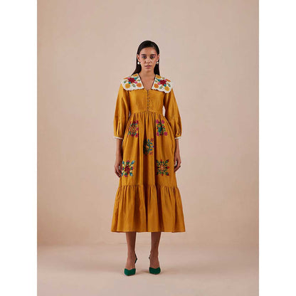 CHANDRIMA Yellow Applique Midi Dress