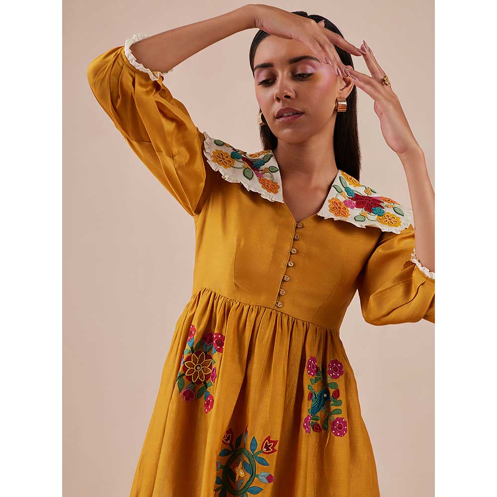 CHANDRIMA Yellow Applique Midi Dress