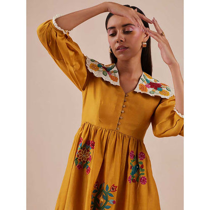 CHANDRIMA Yellow Applique Midi Dress