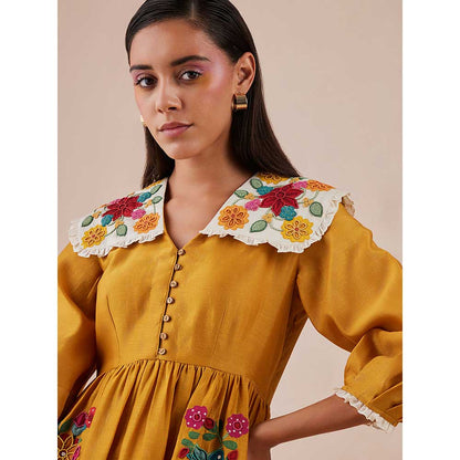 CHANDRIMA Yellow Applique Midi Dress