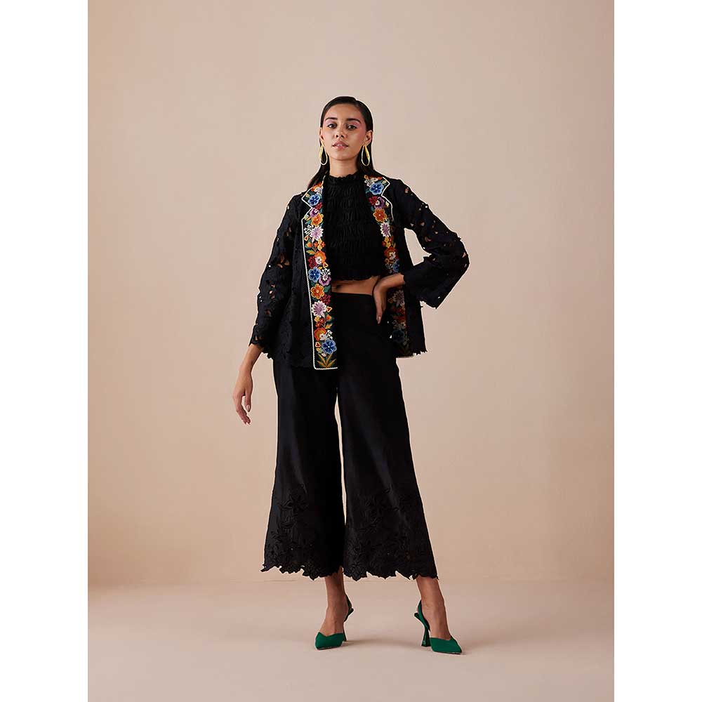 CHANDRIMA Black Collar Detail Cutwork Jacket
