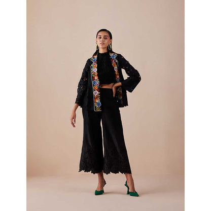 CHANDRIMA Black Collar Detail Cutwork Jacket
