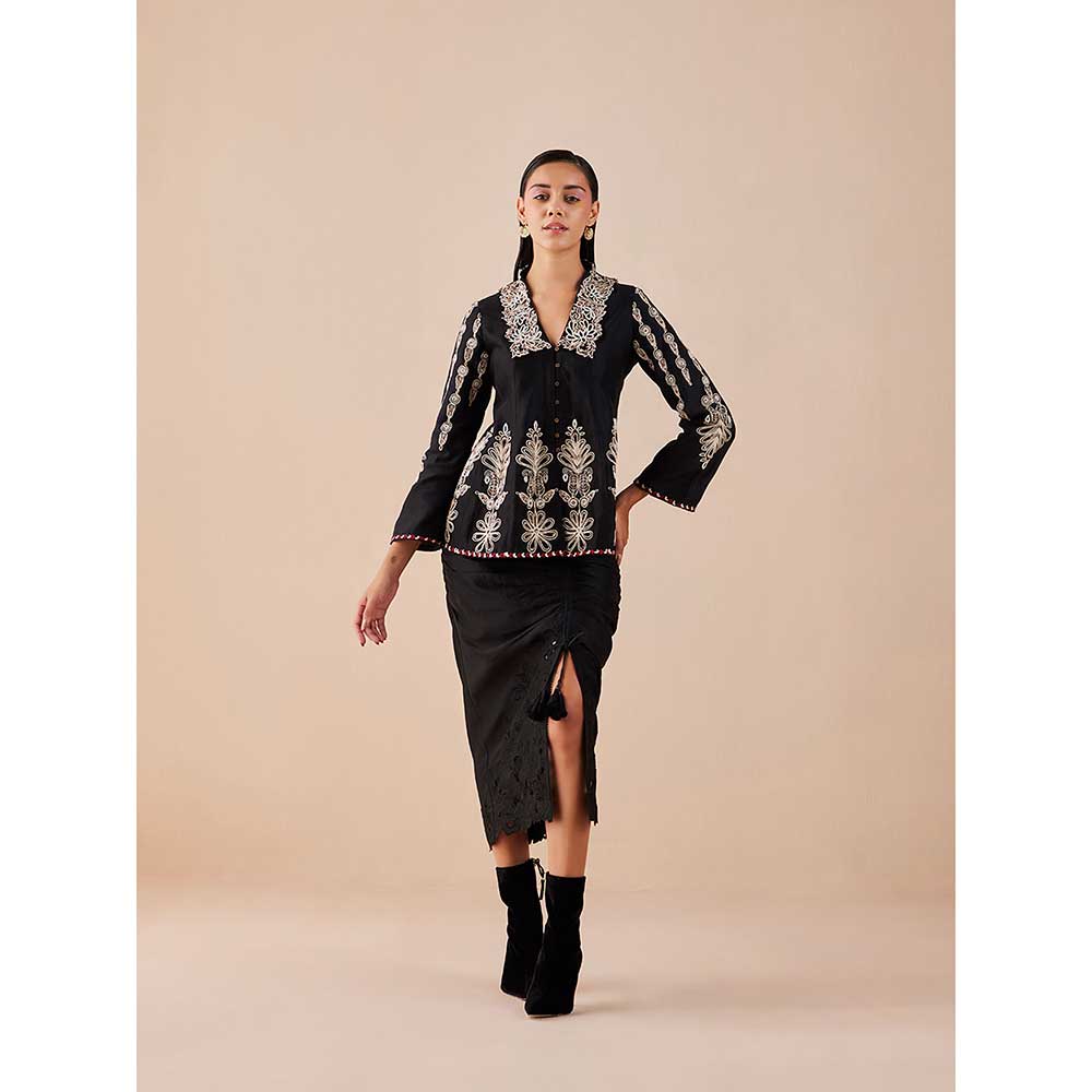 CHANDRIMA Black Contrast Cord Work Flared Jacket