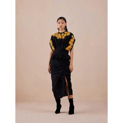 CHANDRIMA Black Cutwork Drape Skirt