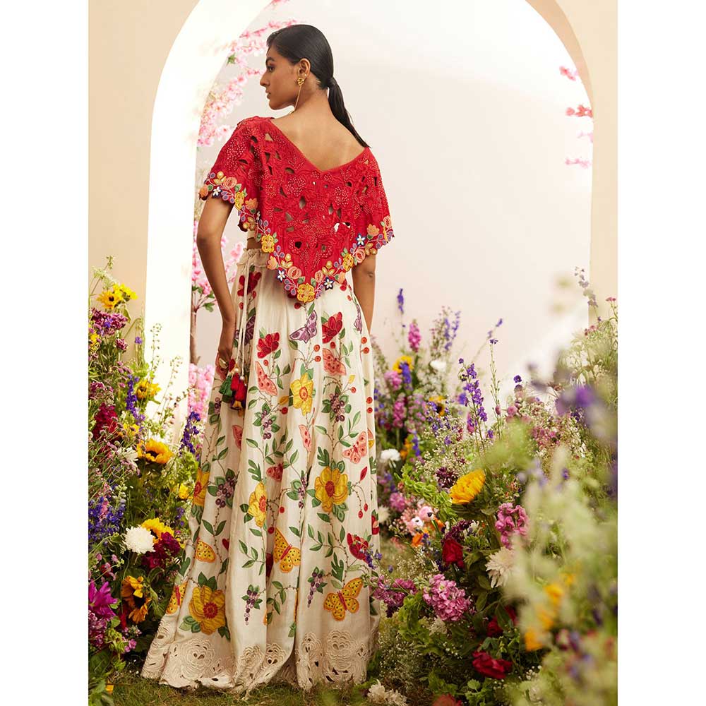 CHANDRIMA Red Cutwork & Beadwork Crop Top