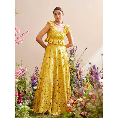 CHANDRIMA Yellow Tonal Cutwork Lehenga