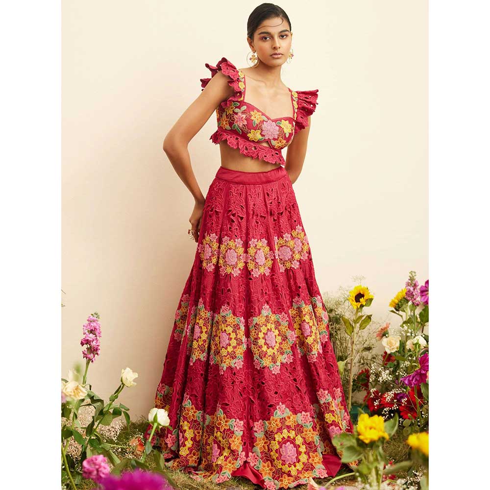 CHANDRIMA Fuchsia Beadwork & Cutwork Lehenga