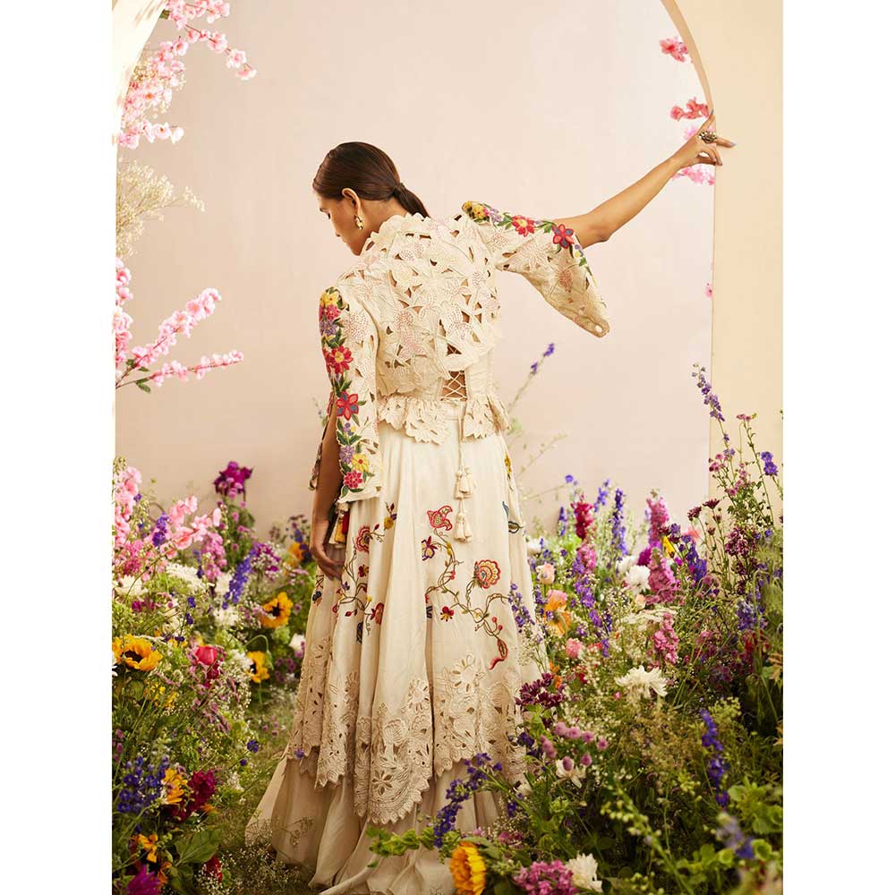 CHANDRIMA Ivory Cutwork & Beadwork Bolero Jacket