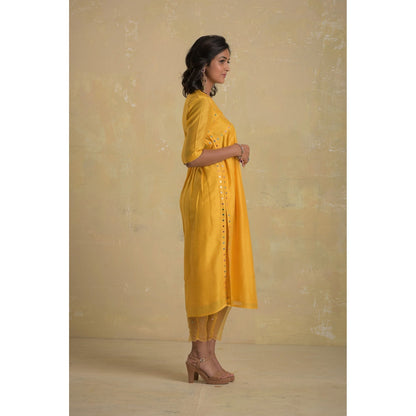 Charkhee Sunflower Yellow V-Neck High Slit Kurta With Pant & Dupatta - (Set of 3)