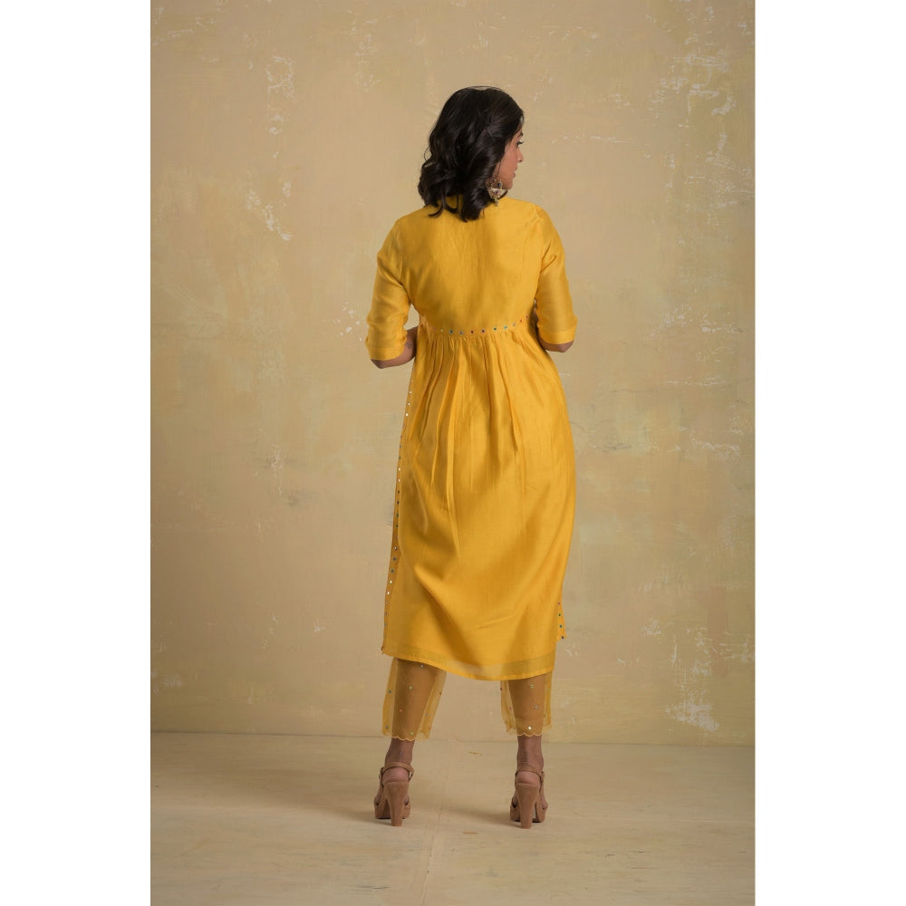 Charkhee Sunflower Yellow V-Neck High Slit Kurta With Pant & Dupatta - (Set of 3)