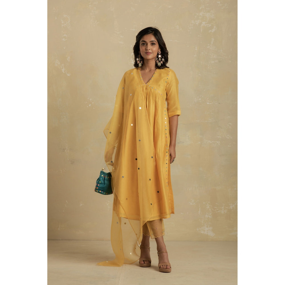 Charkhee Sunflower Yellow V-Neck High Slit Kurta With Pant & Dupatta - (Set of 3)