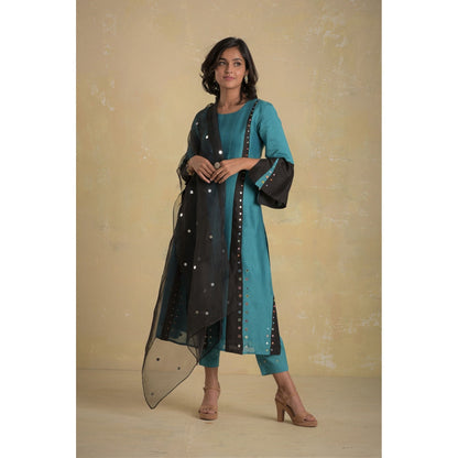 Charkhee Turquoise Panelled Kurta With Pant & Dupatta - (Set of 3)