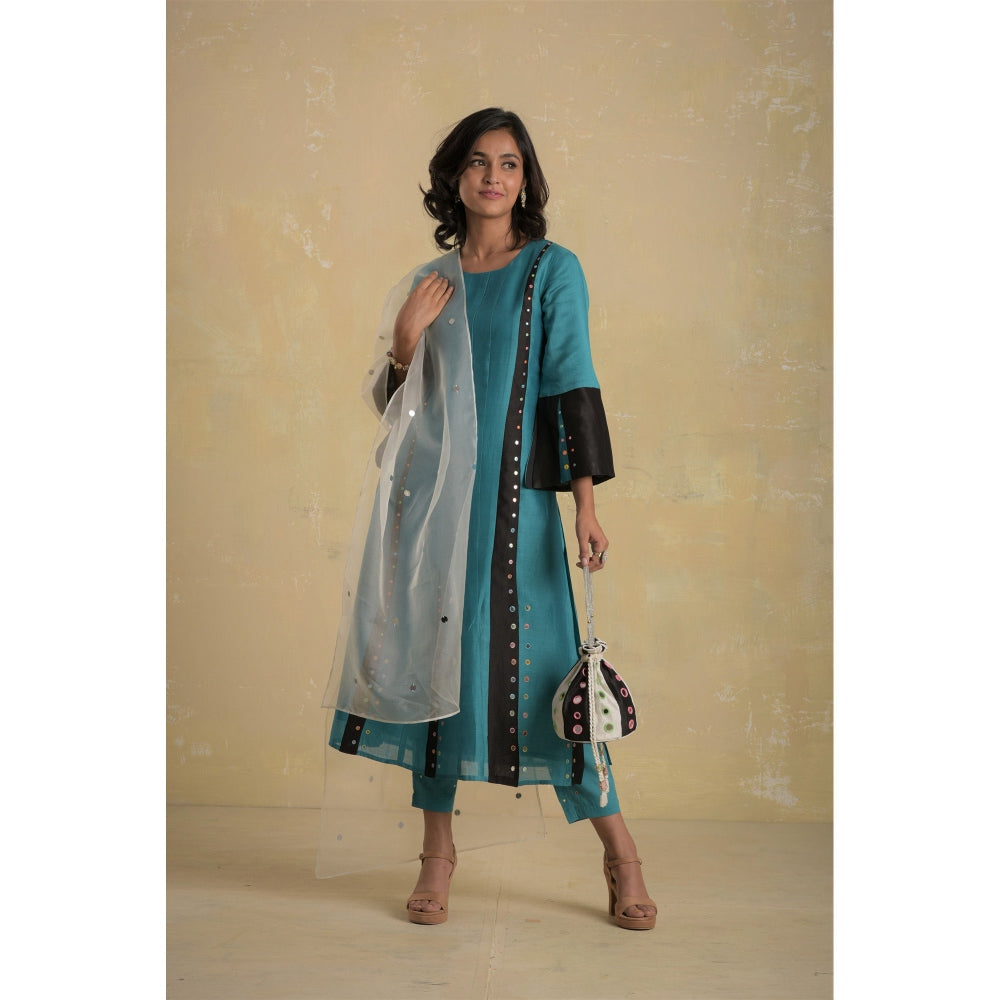 Charkhee Turquoise Panelled Kurta With Pant & Dupatta - (Set of 3)