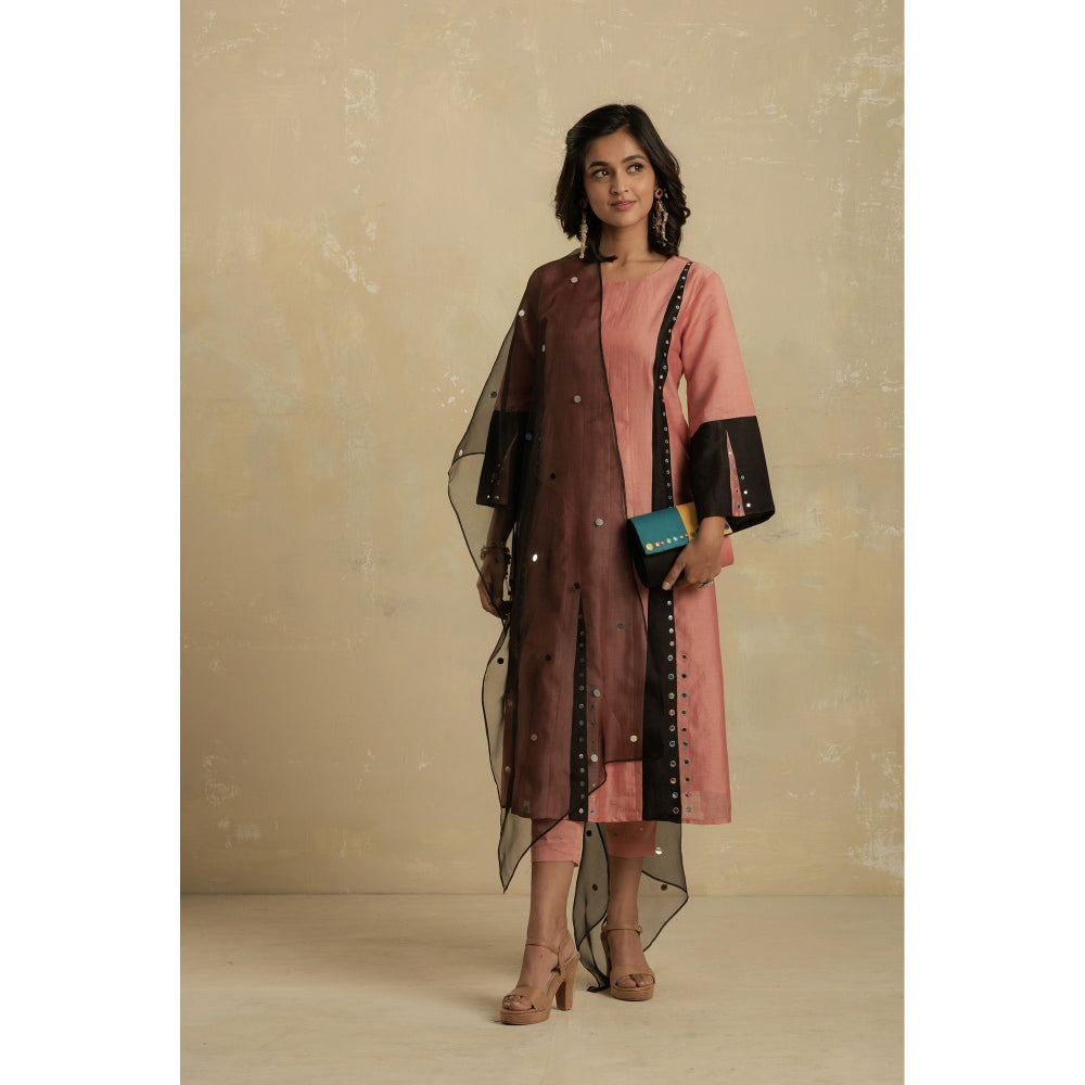 Charkhee Dusky Pink Panelled Kurta With Pant & Organza Dupatta - (Set of 3)