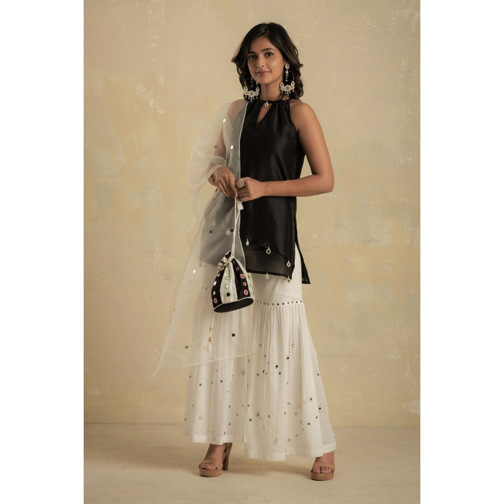 Charkhee Black & White Short Kurti With Sharara & Dupatta - (Set of 3)