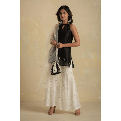 Charkhee Black & White Short Kurti With Sharara & Dupatta - (Set of 3)