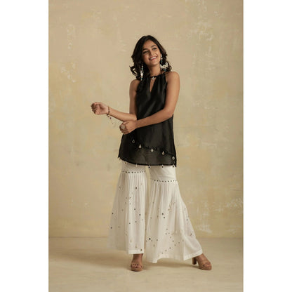 Charkhee Black & White Short Kurti With Sharara & Dupatta - (Set of 3)