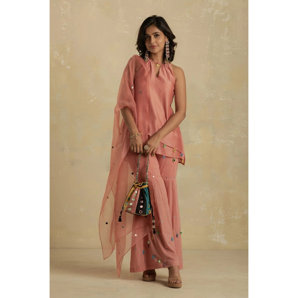 Charkhee Dusky Pink Short Kurti With Sharara & Dupatta - (Set of 3)