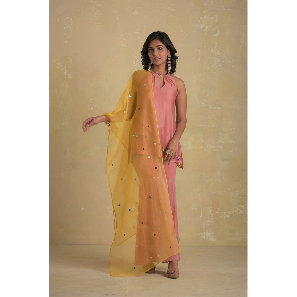 Charkhee Dusky Pink Short Kurti With Sharara & Dupatta - (Set of 3)